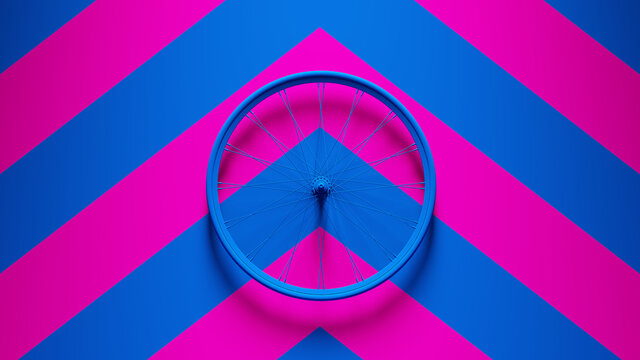 Blue Bicycle Wheel with Pink an Blue Chevron Background 3d illustration render	