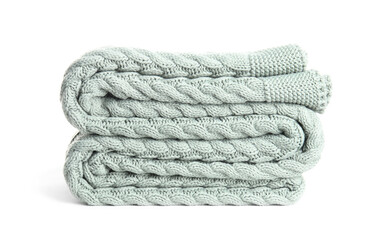 Stylish light knitted plaid on white background