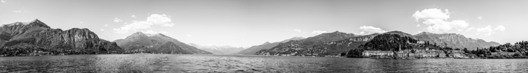 Panorama landscape of Bellagio village on the Italian Riviera of Lake Como in black and white