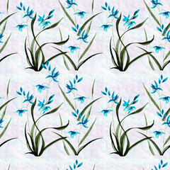 Seamless pattern with wild orchid blooming. The black leaves are drawn in ink on a pale textured background, and the flowers are painted in blue watercolors in the style of Chinese painting.