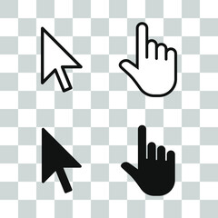 Cursor vector icon set. Mouse arrow symbol. Pointing finger sign. Select click hand arrowhead. Application and web interface button. Clip-art silhouette image.