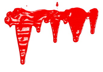 Red paint stains, color spillage drops isolated on white background, top view