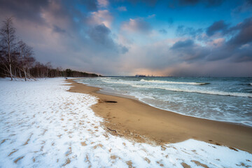 Winter landscape of a snow covered beach at Baltic Sea in Gdansk. Poland