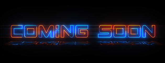 Blue Orange Coming Soon Lettering Neon Sign Horizontal Luminescence Banner With Light Reflections Against Black Background