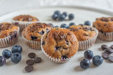 sweet home made chocolate chip muffins with blueberries