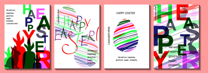 Happy Easter Set of backgrounds, greeting cards, posters, holiday covers. Design templates with typography, wishes good luck, health, prosperity in modern minimalist style for web, social media, print
