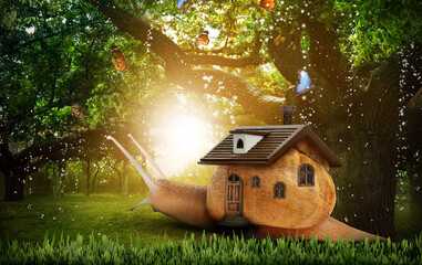 Fantasy world. Magic snail with its shell house moving in beautiful fairy forest