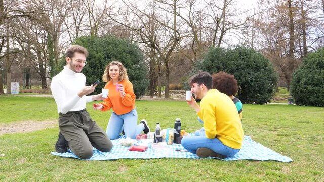 Four young students multi ethnic friends outdoor doing pic nic in a park spending time together and having fun celebrating happy moments doing selfie and photos collecting memories