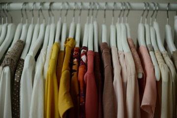 blouses hanging on a hangers in a row arranged by color