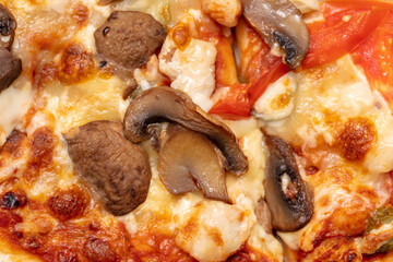 Champignon mushrooms on a pizza as a background.