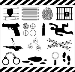 Crime icon set. Murder symbol collection. Criminal illustrations isolated on white background. Contains  murderer investigation, crime scene and outlaw elements.