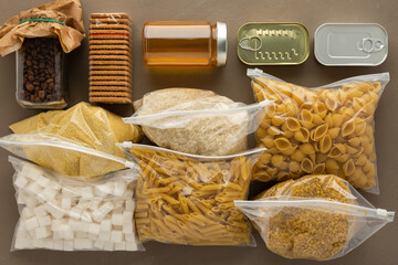 Home food supplies, necessary food for the period of quarantine and isolation, the concept of stay...
