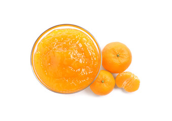 Bowl of tasty jam and fresh tangerines on white background, top view