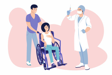 Obraz na płótnie Canvas A woman in a wheelchair at a doctor's appointment. Vaccination against coronavirus.