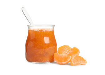 Jar of tasty jam and fresh tangerine on white background