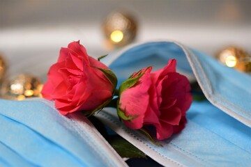 Close up of two pink roses under a surgical mask and ball lights in the background