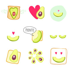 Avocado love. Set of vector isolated illustrations with a healthy meals. Food, vegetables. Cartoon stickers. Print design for t-shirt, mugs, plates. Vector