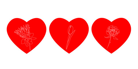 Valentine's Day. Set of vector red hearts with one line drawing flowers inside. Trendy stickers. Love