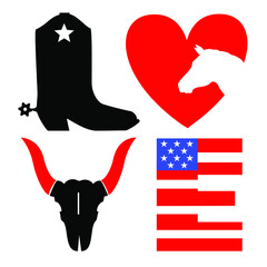American Wild West traditional symbols. Love Cowboy vector graphic printable symbol text with cowboy boot and Wild West objects. Country Love illustration isolated on white.