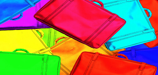 a bunch of colored suitcases