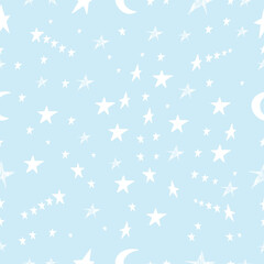 Cute Seamless childish pattern with hand drawn white stars and moon. Creative background for kids texture for fabric, wrapping, textile, wallpaper, apparel. Cartoon style. Great for girls and boys.