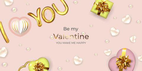 Fototapeta na wymiar Happy Valentine's day greeting card. Template for Holiday banner, brochure, web poster, flyer, sales. Romantic background.