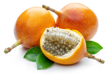 Granadilla with leaves and passion fruit half isolated on a white background.