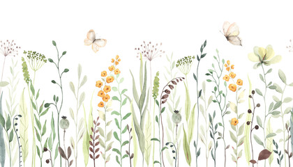 Floral seamless horizontal border with abstract yellow flowers, green leaves and plants, flying butterflies. Watercolor isolated pattern on white background, panoramic illustration summer meadow. - 407643535