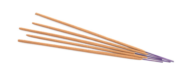 Many aromatic incense sticks on white background