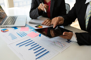 Team of business people working together in the meeting room office, teamwork background charts and graphs banner, double exposure successful teamwork,business planning concept.