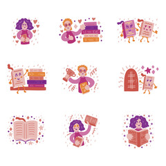 Cute colorful vector doodle set icons for book lovers and readers. Books, man, woman, magic. Vector template for card, postcard, banner, poster, sticker and social media