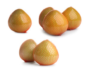 Set of fresh exotic pomelo fruits on white background
