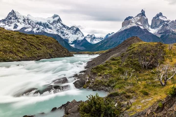 Acrylic prints Cordillera Paine Part of the Salto Grande waterfall cascade of river Paine in Torres del Paine National Park (CL). In the background are Cuernos del Paine or "Paine horns"