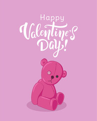 Happy Valentine's day card with handwritten lettering with pink toy bear on pink background