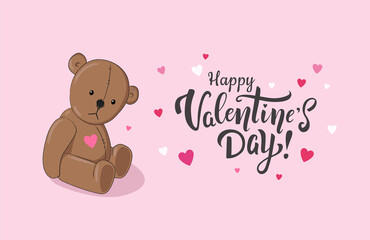 Teddy bear with heart sitting on pink background. Happy Valentine's Day cute greeting card with lettering and hearts. - Vector
