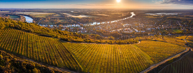 Tokaj, Hungary - Aerial panoramic view of the world famous Hungarian vineyards of Tokaj wine region...