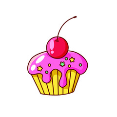 Vector drawing of a cupcake with a cherry. Clip art. Sticker. Suitable for printing on paper, fabric.