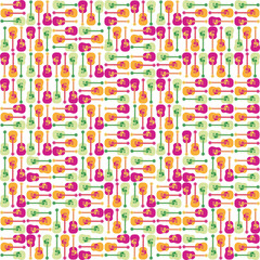 Acoustic guitar seamless vector pattern background. Dense truchet geometric backdrop in tropical colors. Musical instruments repeat. Hand drawn icons.Textural all over print for music concept products