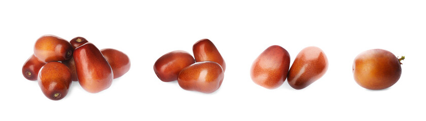 Set with fresh ripe palm oil fruits on white background. Banner design