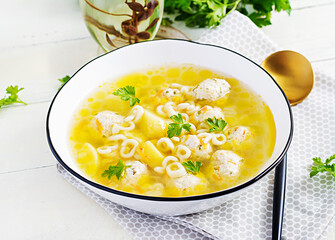 Healthy chicken meatballs soup and pasta. Simple recipe for cooking at home.