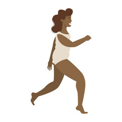 A black happy woman in a swimsuit, overweight runs in a flat cartoon style, isolated on a white background. Sport is a joy, love your body, a positive body. Vector illustration