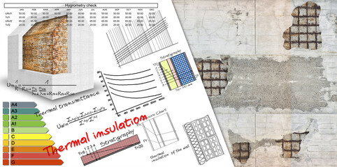 Formulas and diagrams about thermal insulation and buildings energy efficiency - concept image against a damaged concrete wall - image with copy space