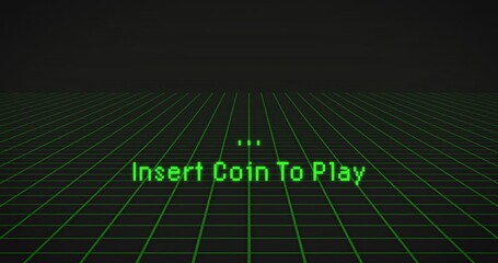 Animation of press star and insert coin to play text with glitch over green grid - Powered by Adobe