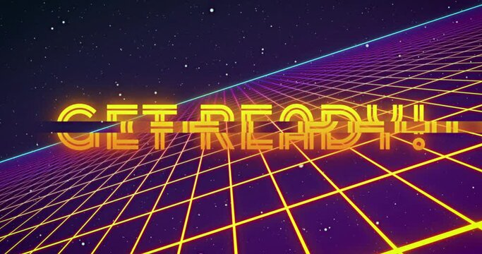 Animation of neon flickering game over text over glowing yellow grid