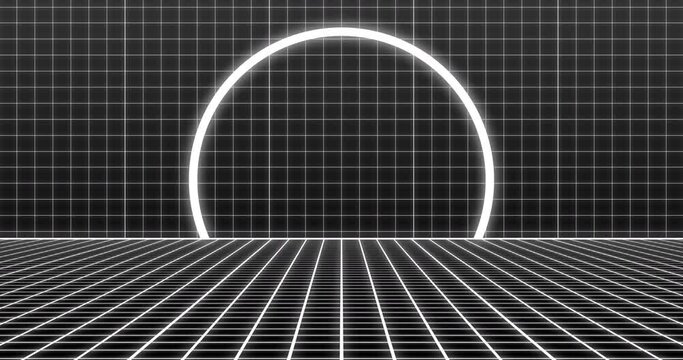 Animation of white neon circle over moving white grid