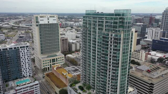 Tampa, Florida , USA - July 1, 2020 : Downtown Tampa, Florida. Shot during the COVID Pandemic in 2020.