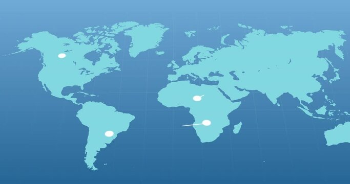 Blue world map with moving white network of connected points on blue background