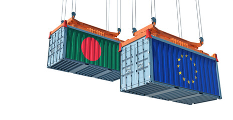 Freight containers with European Union and Bangladesh flag. 3D Rendering 