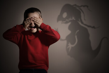 Shadow of monster and scared little boy on beige background