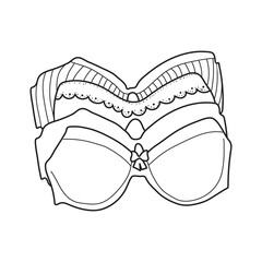 Women's bras stacked in pile. Minimalistic illustration in line isolated on white background. It can be used as icon or design element.